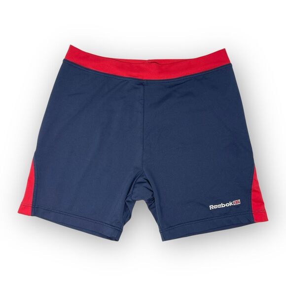 Reebok Blue Red Vintage Stretchy Bike Shorts Athletic Made in USA Women’s Medium - Picture 1 of 11